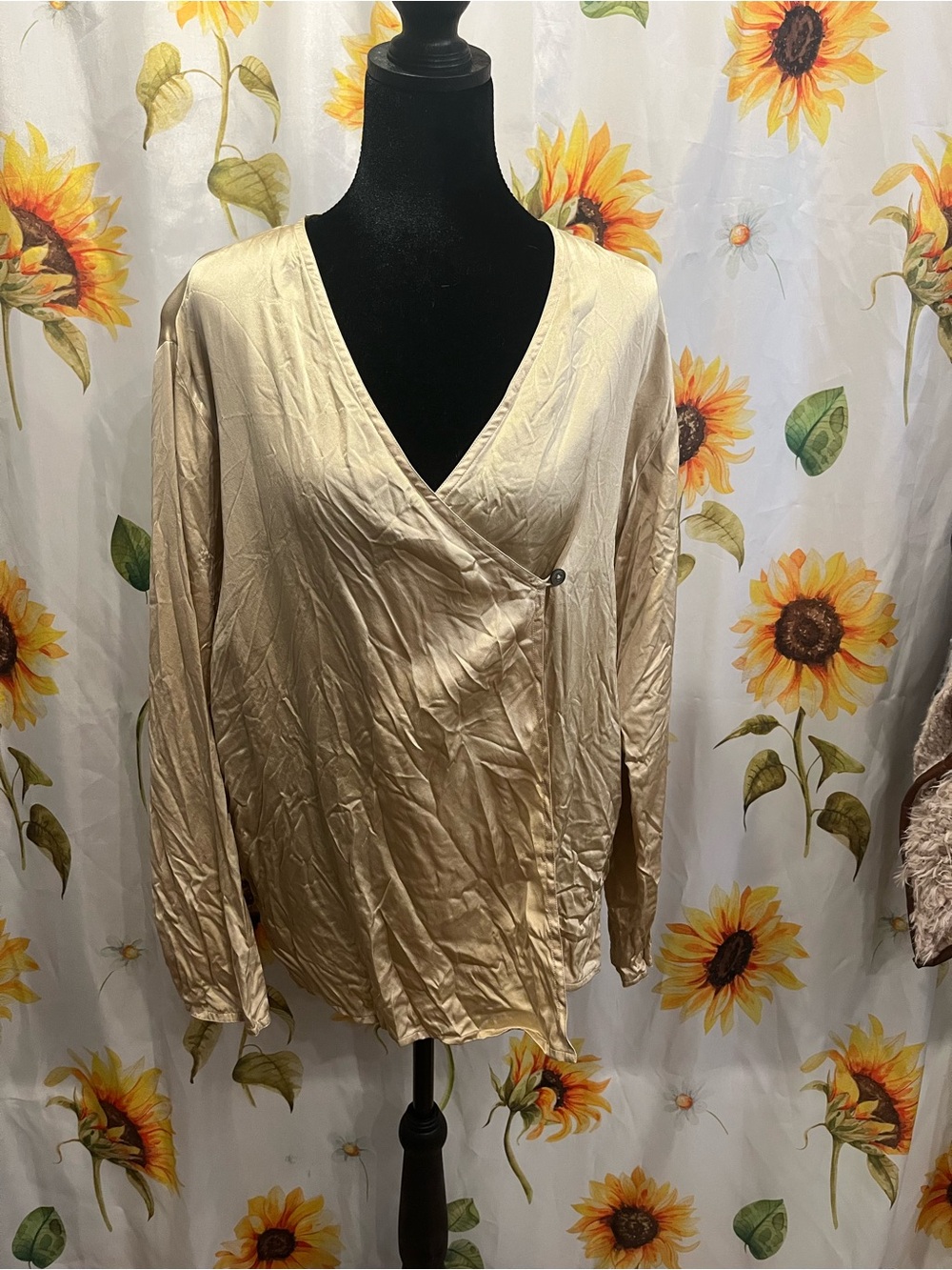 Silky Cream Wrap Blouse with V-Neck